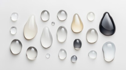 Abstract Water Drops: A grayscale and beige palette showcasing various sizes and shapes of water droplets against a clean white backdrop.