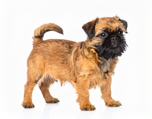 A small, adorable dog with a shaggy coat stands proudly, showcasing its playful personality and distinctive facial features.