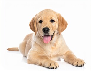 A playful golden Labrador puppy lying down, displaying a cheerful expression with its tongue out, set against a white background.