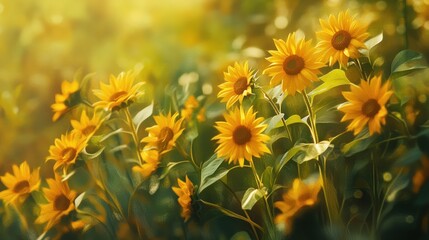 Obraz premium Sunflowers in a field bathed in golden light
