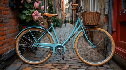 Teal Bike in Cobblestone Alleyway
