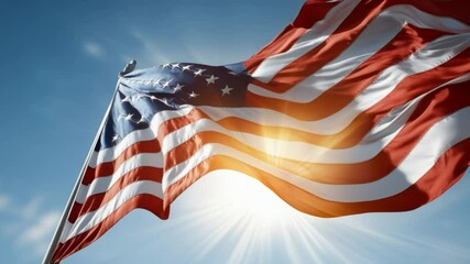 U.S flag waving in the wind against the sun flare and a blue sky background. - Powered by Adobe