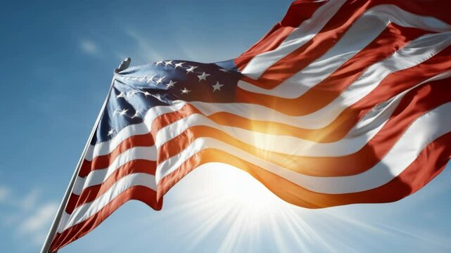 U.S flag waving in the wind against the sun flare and a blue sky background.