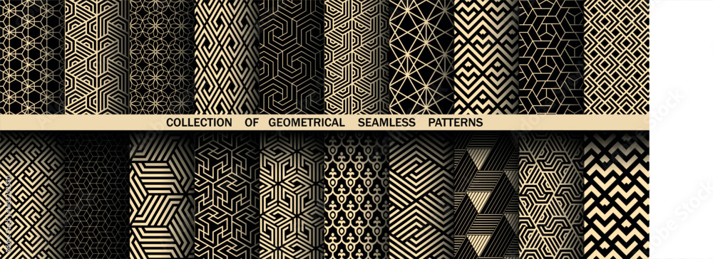 Poster Geometric set of seamless black and golden patterns. Simple vector graphics