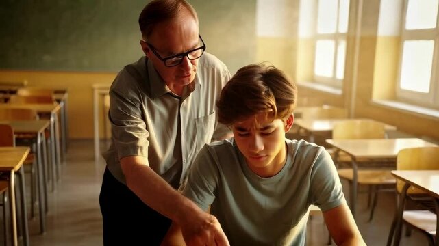 Old Teacher Helping Struggling Student One-on-One: Empathy and Personalized Learning in Empty Classroom