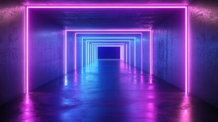 Neon Futuristic Tunnel with Glowing Geometric Shape