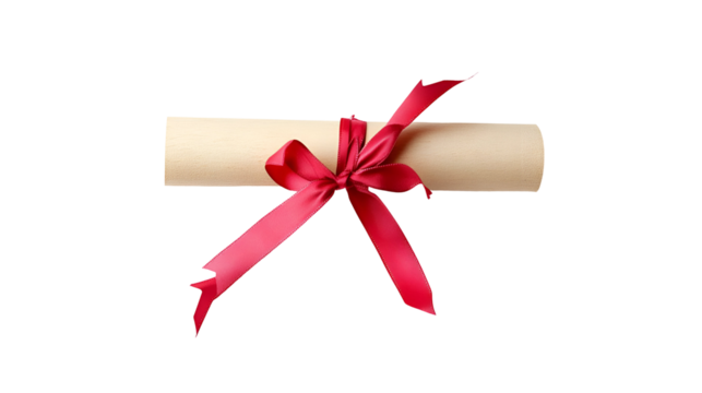 Formal certificate scroll tied with satin ribbon bow on sleek black backdrop
