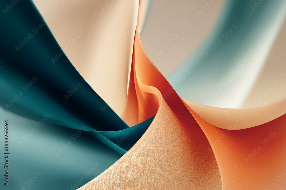 Poster Abstract image of teal, peach, and beige fabric textures swirling together creating a dynamic, flowing composition, showcasing elegant design and smooth movement