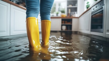 Navigating unexpected waters: Woman in boots addresses flooded kitchen scenario