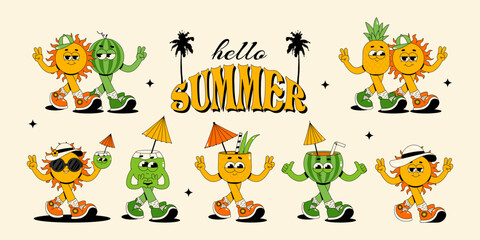 Hello summer sticker set. Retro groovy characters sun, fruits and cocktails isolated on background. Vector illustration