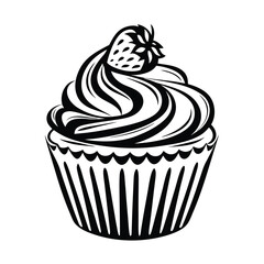 Stylized Cupcake Black Silhouette Swirl Frosting & Strawberry Topping, Isolated