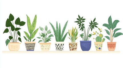 Collection of potted plants, various species and designs, in a row on a shelf, home decor, indoor gardening