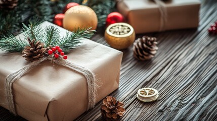 Christmas gifts wrapped with pinecones and ornaments on wooden table in cozy holiday setup