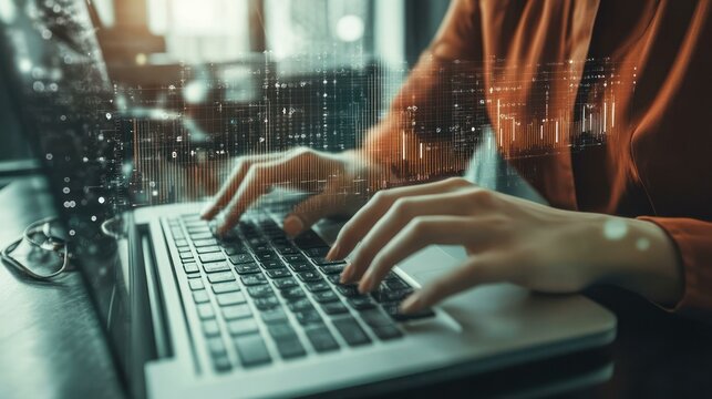 Hands typing on laptop keyboard with digital overlay, representing financial charts, data science, analytics.