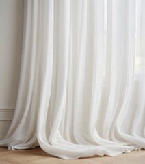 A flowing white curtain made of pleated fabric gently drapes down, casting soft shadows and allowing diffused light to filter through, creating an airy ambiance.