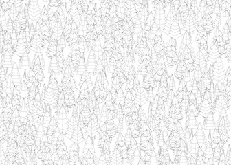 A black and white image of trees. The trees are scattered throughout the image, with some closer to the foreground and others further back. The buildings are also spread out