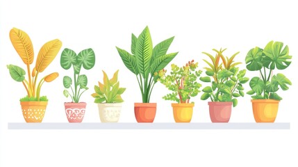 Fototapeta premium Collection of potted plants, a vibrant display of various houseplants in colorful pots, showcasing diverse foliage and textures.