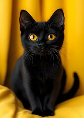 Black cat with bright yellow eyes sitting on yellow background, looking directly at camera. Striking contrast creates dramatic pet portrait suitable for Halloween designs.