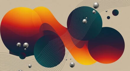 Obraz premium Abstract digital art background dominated by large, flowing wave-like shapes interacting with darker circular forms. The waves have smooth gradients of fiery orange, deep red, and sunny yellow