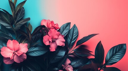 Obraz premium Pink tropical flowers on cyan background with clean flat composition and bright botanical aesthetic