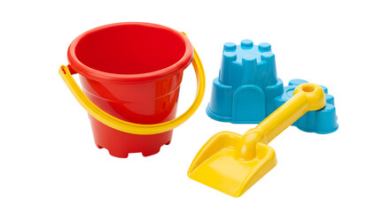 Obraz premium Brightly colored beach toys set on transparent background: bucket, shovel, and sandcastle mold