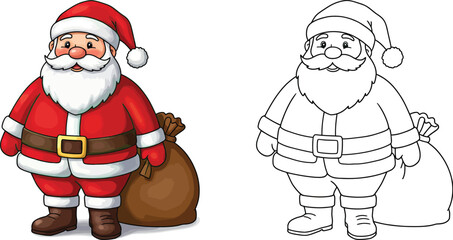 Santa's cheerful arrival: Santa Claus, depicted in vibrant color and outline, stands ready with his gift sack, a symbol of joy and the festive spirit of the holiday season.