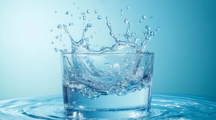 Water splash captured mid-air with sharp freeze motion on cyan background in pure refresh style