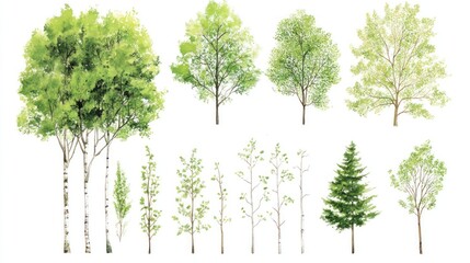 Variety of watercolor trees