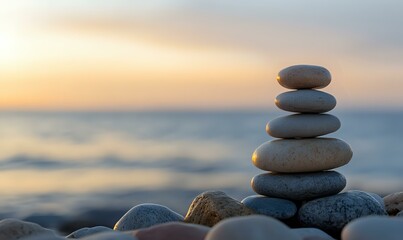 Balanced stack of smooth zen stones on beach at sunset with blurred ocean waves background creates peaceful meditation atmosphere for wellness designs.