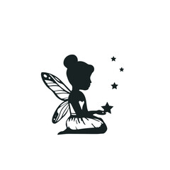  Silhouette fairy with a star vector illustration. Girl with wings simple drawing. Isolated on white background. 