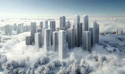 A stunning aerial view of a futuristic cityscape surrounded by snow-covered trees and mist, creating a serene winter atmosphere.