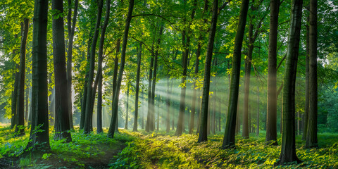 Obraz premium Dreamy forest corridor, sunlight streaming through towering deciduous trees, vibrant spring foliage, golden glow and soft motion blur, ethereal atmosphere, lush green undergrowth, serene tranquility