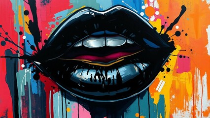 Schwarze, gl&auml;nzende Lippen im Mittelpunkt einer Pop-Art Explosion mit bunten Farbspritzern &ndash; modern, auff&auml;llig und rebellisch.