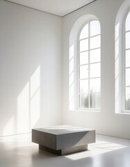 Fototapeta premium A bright, airy white room featuring two large windows that let in natural light, complemented by a simple, empty wooden bench against the wall.