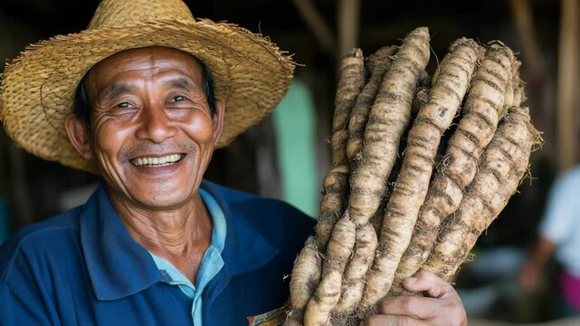 An elderly farmer in a straw hat smiles warmly while holding freshly harvested cassava roots, soil-covered, with a wooden hut background and soft sunlight. Rural life in high resolution.

