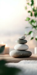 Balanced zen stones pyramid with burning candles and green leaves on blurred background. Peaceful spa and meditation atmosphere for wellness centers.