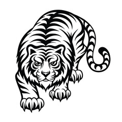 Striking Black and White Tiger Roaring Feline, Bold Stripes, Isolated Art