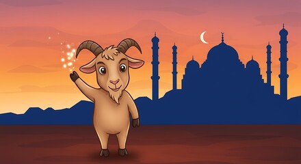 Obraz premium Cartoon Goat Waving with Building Silhouette at Sunset