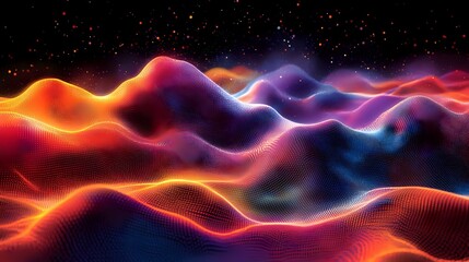 Fototapeta premium Vibrant digital wave landscape with glowing orange and blue neon lines flowing across dark background, creating dynamic abstract terrain with particle effects.