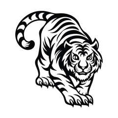 Aggressive Silhouette Dynamic Tiger Prowling, Black and White Tribal Strips, Isolated