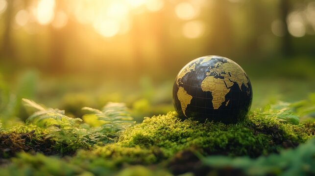 Globe on moss in forest with sunlight shining through trees in background. - Powered by Adobe