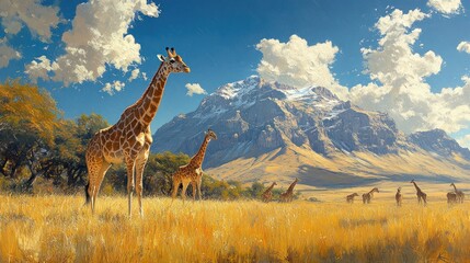 Obraz premium Giraffes in a grassy field with a large mountain and blue sky.