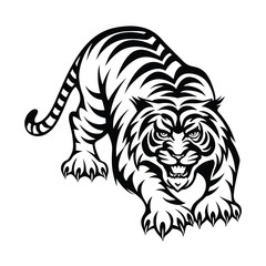 Striking Black and White Tiger Illustration, Aggressive Feline Stance, Angry Expression