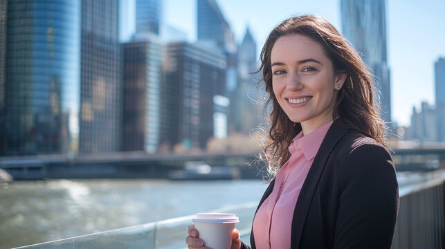A smiling businesswoman walks with a cup of coffee against the background of a river and business centers in the business part of the city - Powered by Adobe