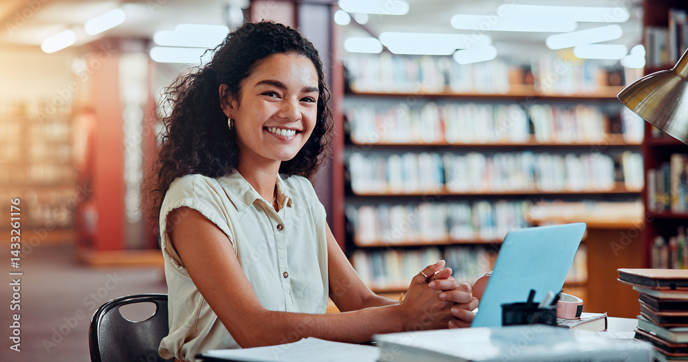 Poster portrait, learning and happy woman with laptop in library for knowledge, education and studying in c