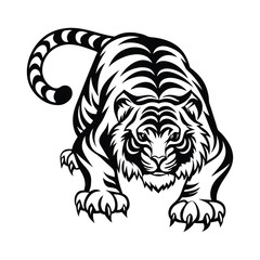 Striking Black and White Tiger Illustration, Isolated Feline, Bold Stripes, Predator