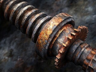 Rusty mechanical gears and screws closeup