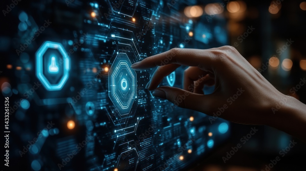 Poster hand interacting with a glowing futuristic interface with circuit board patterns.
