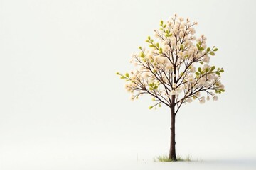Obraz premium Single young tree, delicate leaves, white backdrop, life, nature