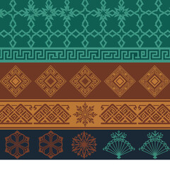 Obraz premium Ethnic ornamental geometric pattern vector with tribal motifs in brown teal and orange colors 
